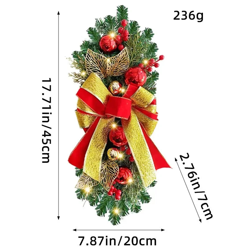 Décoration de couronne de Noël en rotin rouge, arc d'escalier LED, cône enrichi, nouvelle couronne de Noël, décoration de cône enrichie