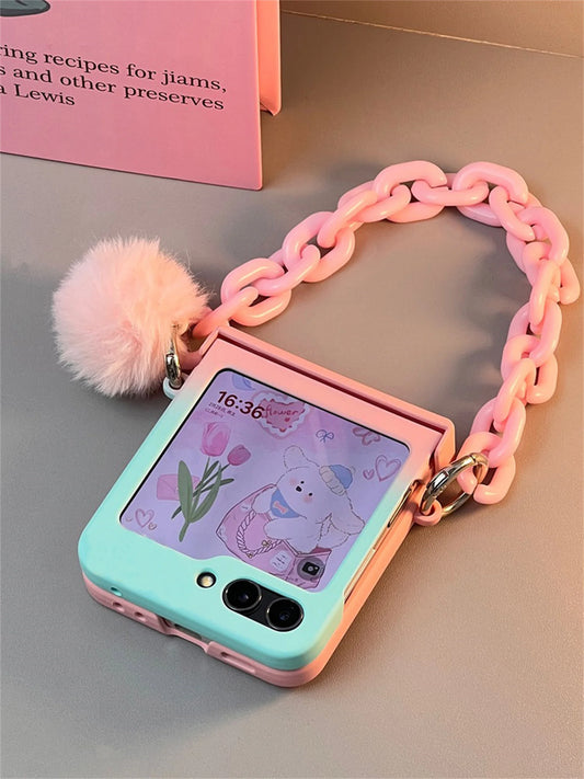 coque de téléphone bleue dégradée avec Bracelet Hariball rose pour Galaxy Z Flip
