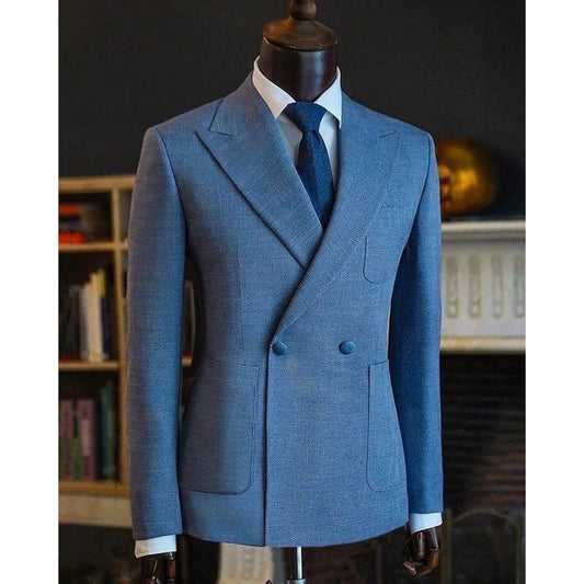 Costumes de luxe bleus pour hommes, 2 pièces, veste et pantalon à simple boutonnage, col d'occasion formel de haute qualité, vêtements classiques personnalisés