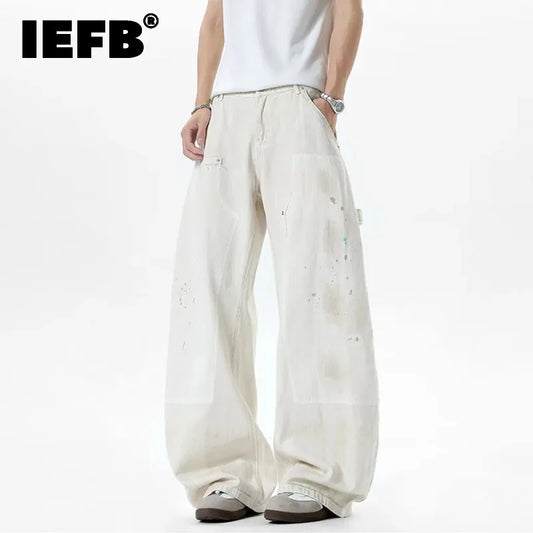 IEFB Niche Design hommes Denim pantalon Splash-encre contraste couleur Patchwork sale-teinture jambe large été mâle couteau incurvé jean 9W3814