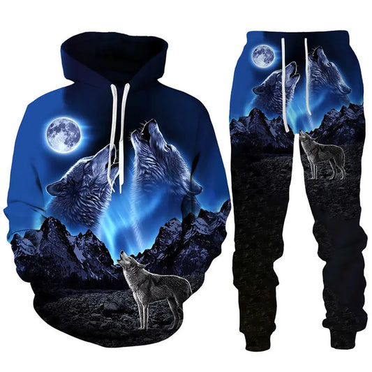 Ensemble de survêtement imprimé 3D pour hommes et femmes, sweat à capuche Cool Forest Wolf, pantalon imbibé, tenues de couple Hip Hop, personnalité High Streetwear, mode