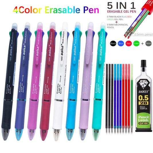 Stylo à bille multicolore effaçable 5 en 1, recharge 4 couleurs de 0.7mm et crayon automatique de 0.5mm,