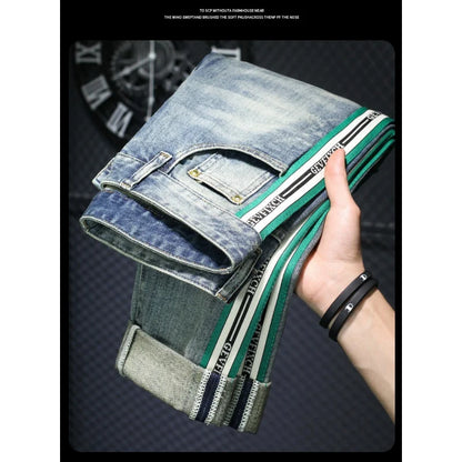 Jeans de luxe à rayures bleues pour hommes, haut de gamme, léger, polyvalent, coupe couvertes, skinny, déchiré, fjny, rue, printemps, 2024