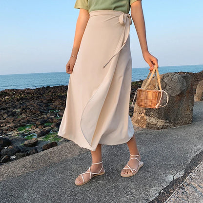 Printemps été automne plage jupe femmes 9 couleurs taille haute côté cravate décontracté jupe portefeuille femme solide élégant Midi jupe vêtements