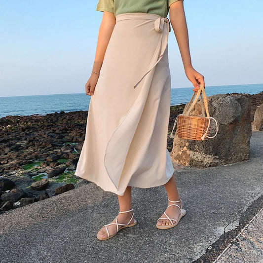 Printemps été automne plage jupe femmes 9 couleurs taille haute côté cravate décontracté jupe portefeuille femme solide élégant Midi jupe vêtements