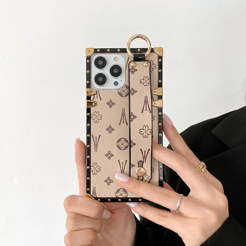 Étui carré en cuir avec dragonne pour iPhone