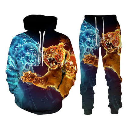 Ensemble de survêtement imprimé tigre animal 3D pour hommes, sweat à capuche et pantalon décontractés, streetwear à la mode, vêtements trempés, automne, hiver, 2 pièces