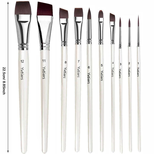 Ensemble de pinceaux de peinture d'artiste professionnel, manche blanc, poils en Nylon, pinceaux plats et coudés pour la peinture du visage, aquarelle, 10 pièces