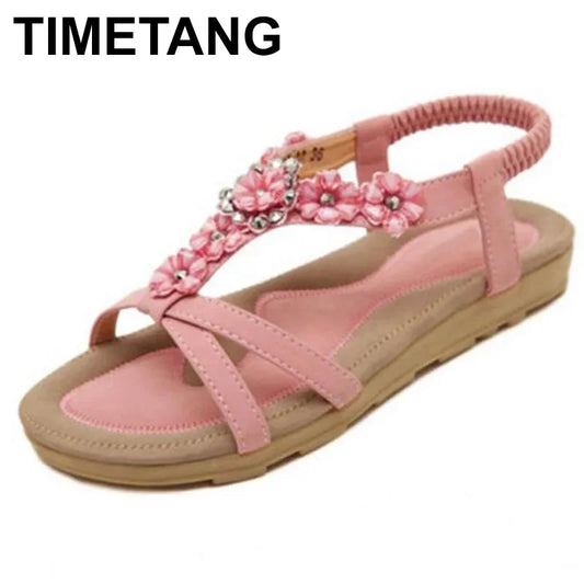 TIMETANG-Sandales confortables à talons plats pour femmes, chaussures d'été de grande taille, style bohème, fleurs, biscuits, chaussures de plage pour dames