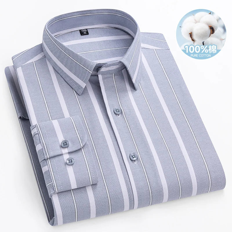 Chemise Oxford rayée à carreaux pour hommes, chemise sociale à manches longues, chemises de travail décontractées, poche, pur coton, qualité, S- 7XL, 8XL, 100%