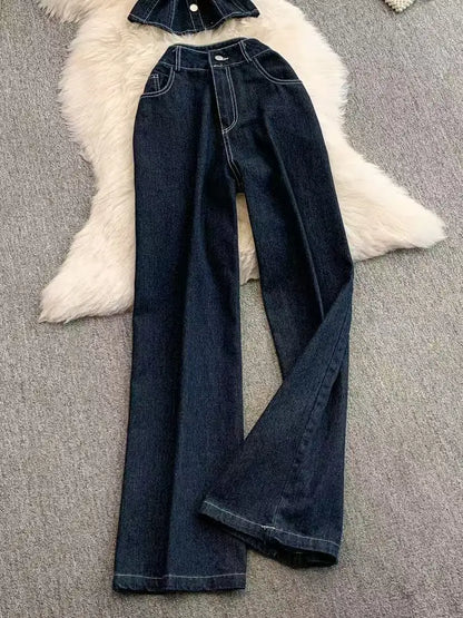 Rétro jarretelle Spice Girl hauts jean deux pièces Sexy coréen gilet costume été mode américaine haute rue pantalon à jambes larges