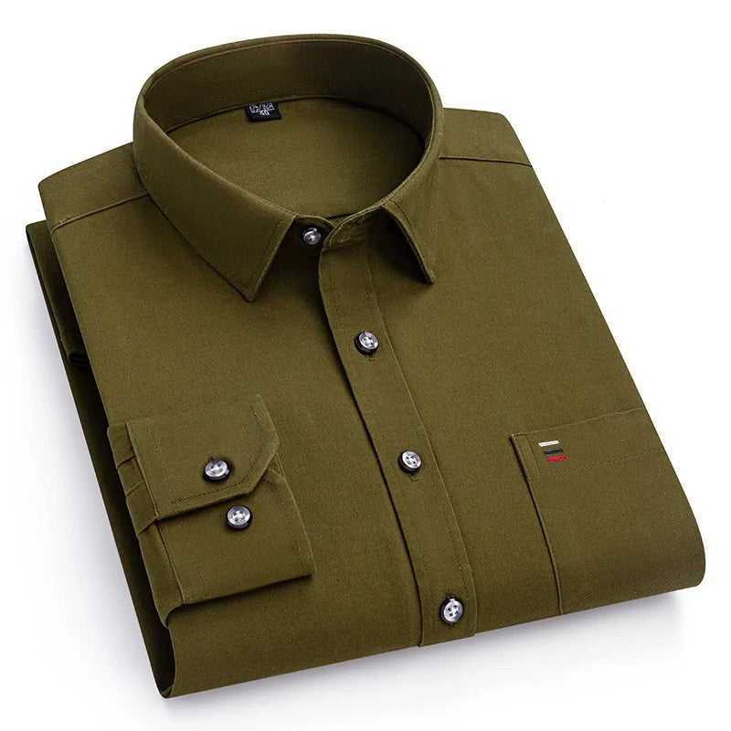 Nouveau 100% pur coton hommes chemises manches longues couleur unie doux coupe régulière chemise décontractée poche Social Blouse hommes vêtements S-7XL