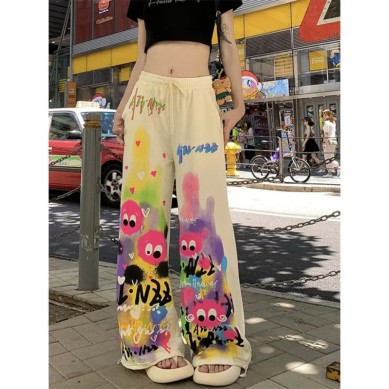 Pantalon décontracté Kawaii Dopamine Graffiti pour femme, taille haute élastique, poches Wstring, jambe large, été