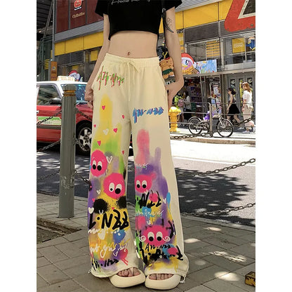 Pantalon décontracté Kawaii Dopamine Graffiti pour femme, taille haute élastique, poches Wstring, jambe large, été