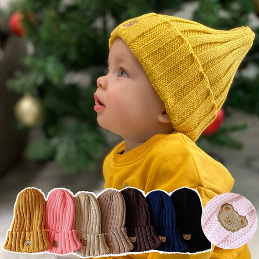 Chapeau de bébé brodé d'ours de dessin animé coréen, doux et chaud pour enfants garçons et filles, Bonnet d'hiver tricoté pour enfants