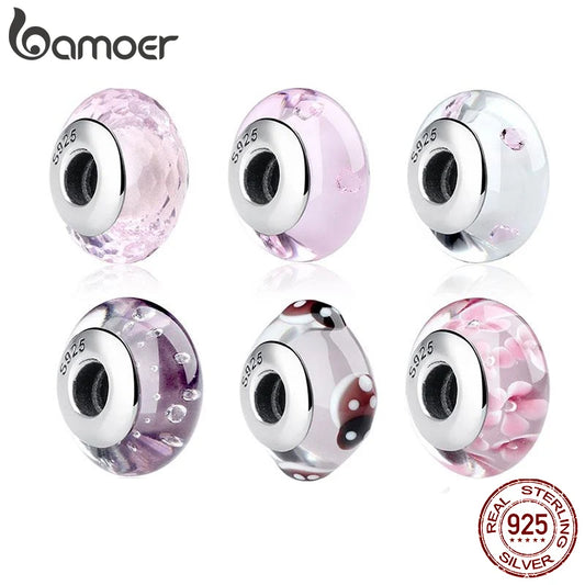 BAMOER 925 en argent Sterling belle fleur rose perles de charme en verre de Murano européen