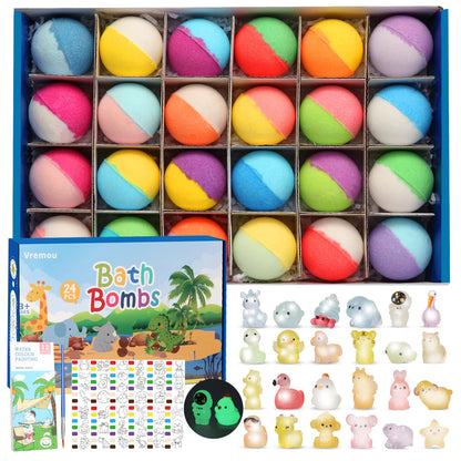 Bombes de bain pour enfants avec jouet à l'intérieur, 24 bombes de bain moussantes naturelles et organiques avec surprise qui brille dans la nuit à l'intérieur