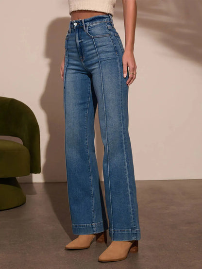 Jean droit taille haute bleu foncé pour femme, coupe cintrée, version jambes larges, tissu denim extensible, jean intellectuel élégant, nouvelle collection automne