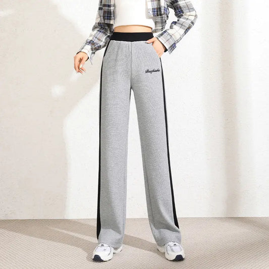Pantalon de sport taille haute pour femme, mode coréenne, printemps, automne, décontracté, uni, poches brodées, élastique, droit, fjadt, nouveau