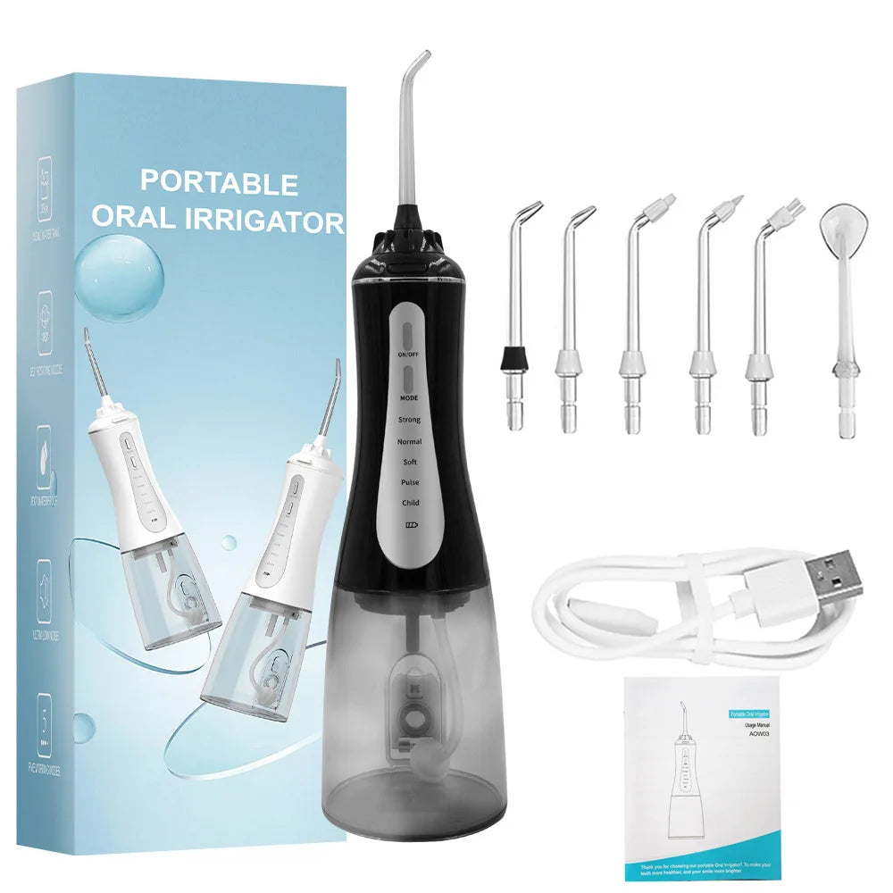 Irrigateur buccal portable, hydropulseur, aste, jet d'eau dentaire pour les dents, précieux, étanche, nettoyeur de dents, 6 embouts, 5 modes, 350ml