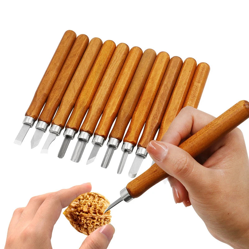 Ensemble d'outils de sculpture sur bois, couteau d'art multifonctionnel fait à la main avec manche en bois pour l'artisanat, 10/12 pièces