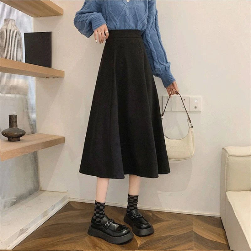 Jupes mi-longues taille haute pour femmes, All-Match A-Line, Élégant, Bureau, Lady Leisure, Automne, Hiver, Simple, Mode basique, Nouveau, Ins Faldas