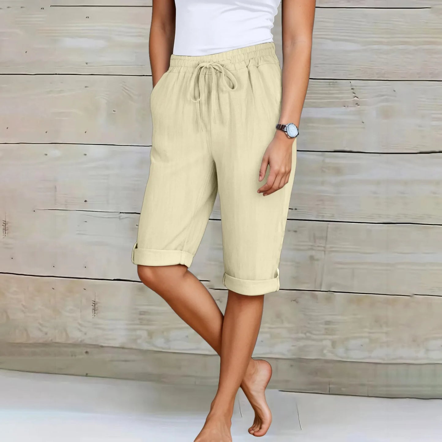 Femmes été Shorts décontracté genou longueur jambe droite taille élastique cordon à lacets pantalons courts femme genou longueur bas