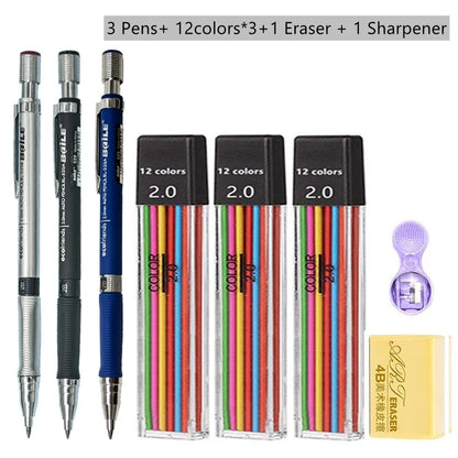 hopk - Ensemble de crayons mécaniques 2.0mm avec recharge de plomb 2B noir/couleurs