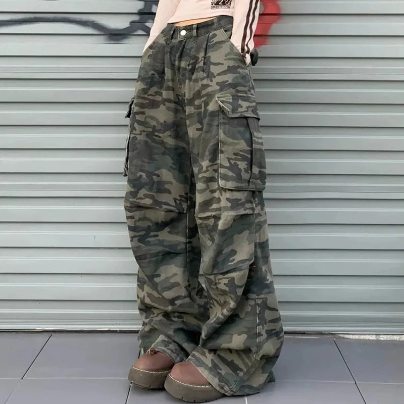 Femmes Camouflage Cargo jean américain Streetwear utilitaire pantalon rétro Jazz Hiphop Baggy Denim pantalon décontracté paresseux pantalon