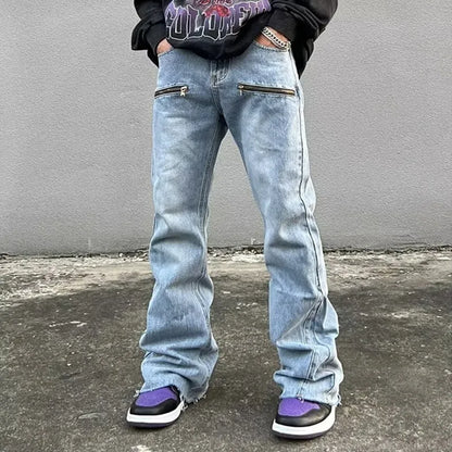 Jeans évasés baggy déFlexrétro pour hommes, pantalons en denim à jambes larges, streetwear Hip Hop, droit, fermeture éclair, mode Y2K, fjRopa zones bre, 2023