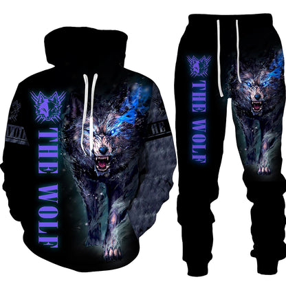 Ensemble de pantalons de survêtement et sweat à capuche College en 3D pour hommes, survêtement surdimensionné, streetwear imbibé, vêtements de sport, motif animal loup, hiver, automne