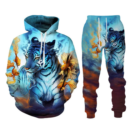 Ensemble de survêtement imprimé tigre animal 3D pour hommes, sweat à capuche et pantalon décontractés, streetwear à la mode, vêtements trempés, automne, hiver, 2 pièces