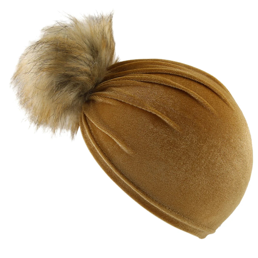 Chapeau boule de fourrure en tissu velours solide pour enfants garçons filles bébé accessoires de photographie grand pompon nœud supérieur automne hiver oreille bonnet chaud