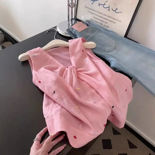 Coréen rose amour croix Kink gilet chemise Dopamine Design Niche haut 2025 femmes été