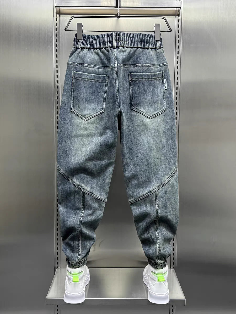 Jean Denim Bleu pour Homme, Pantalon Sarouel, Taille artificiel astique, Poignets, Vêtements de Luxe Décontractés, Mode Printemps-Automne, Nouveau, 2024