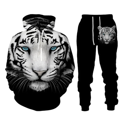Ensemble de survêtement imprimé tigre animal 3D pour hommes, sweat à capuche et pantalon décontractés, streetwear à la mode, vêtements trempés, automne, hiver, 2 pièces