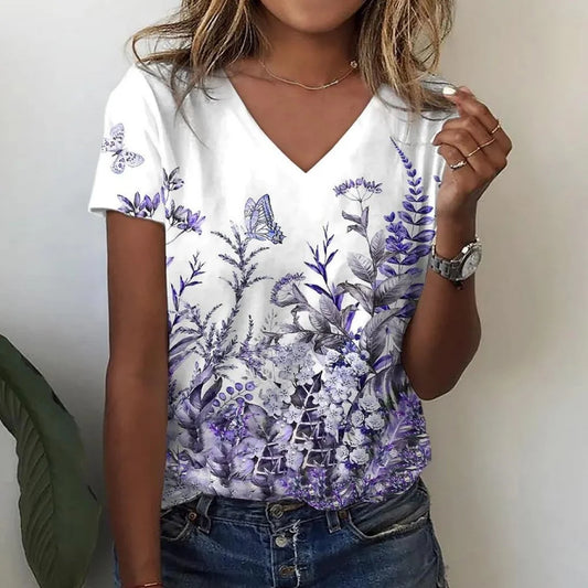 T-shirt femme été décontracté extérieur col en v blouse à manches courtes motif imprimé polyvalent grande taille ample confortable court