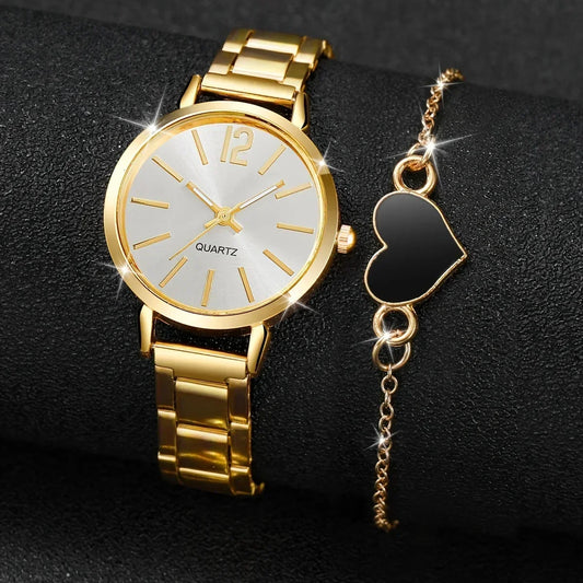 Montres dorées coeur Bracelet à breloques 2 pièces ensemble mode