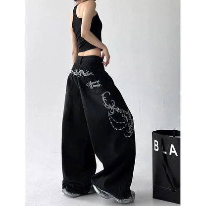 Rue rétro ligne américaine modèle jean décontracté femmes 2025 été nouvelle mode taille haute ample jambe large jean Biack Y2K jean
