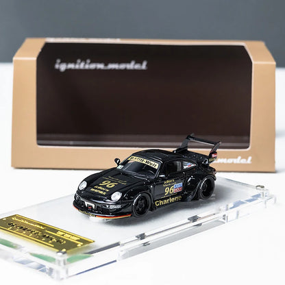 IG Ignition 1: 64 RWB 993 noir, étiquette dorée à queue haute, modèle de voiture en résine, ornement de collection