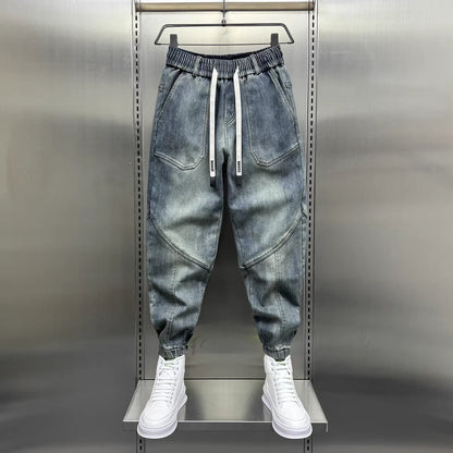 Jean Denim Bleu pour Homme, Pantalon Sarouel, Taille artificiel astique, Poignets, Vêtements de Luxe Décontractés, Mode Printemps-Automne, Nouveau, 2024