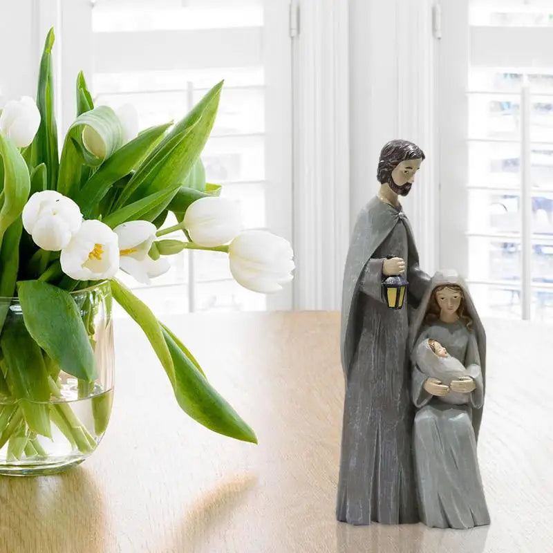 Pièce de figurine de la Sainte Famille de Noël, scène de la Nativité, statue en bois, décor d'art religieux, adaptée à la maison
