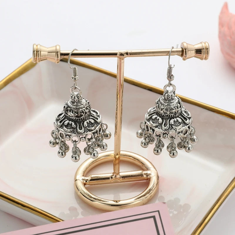 Jhumka – boucles d'oreilles tibétaines pour femmes, bijoux en alliage, couleur or argent, cloche oxydée, tribal gitane, pampilles, bijoux indiens