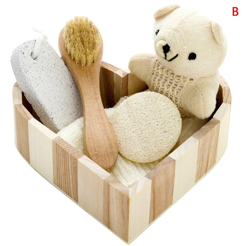 1 ensemble de coffret cadeau Spa en forme de cœur, Kit de nettoyage de la peau, cadeau de Spa pour femmes, Kit de fleurs de bain en Sisal, gants de gommage du dos, masseur
