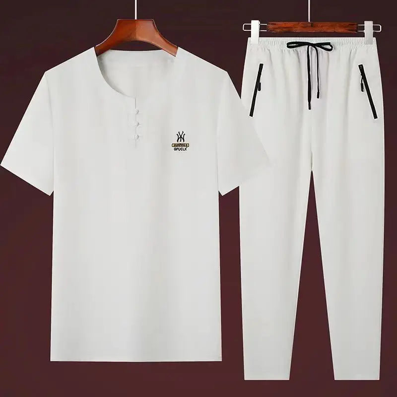 Ensemble Hanfu Brodé en Lin pour Homme, Style Chinois, Trempé, Tang Kung Fu Traditionnel, Tapiercing, Pantalon d'Été en Coton