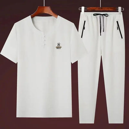 Ensemble Hanfu Brodé en Lin pour Homme, Style Chinois, Trempé, Tang Kung Fu Traditionnel, Tapiercing, Pantalon d'Été en Coton
