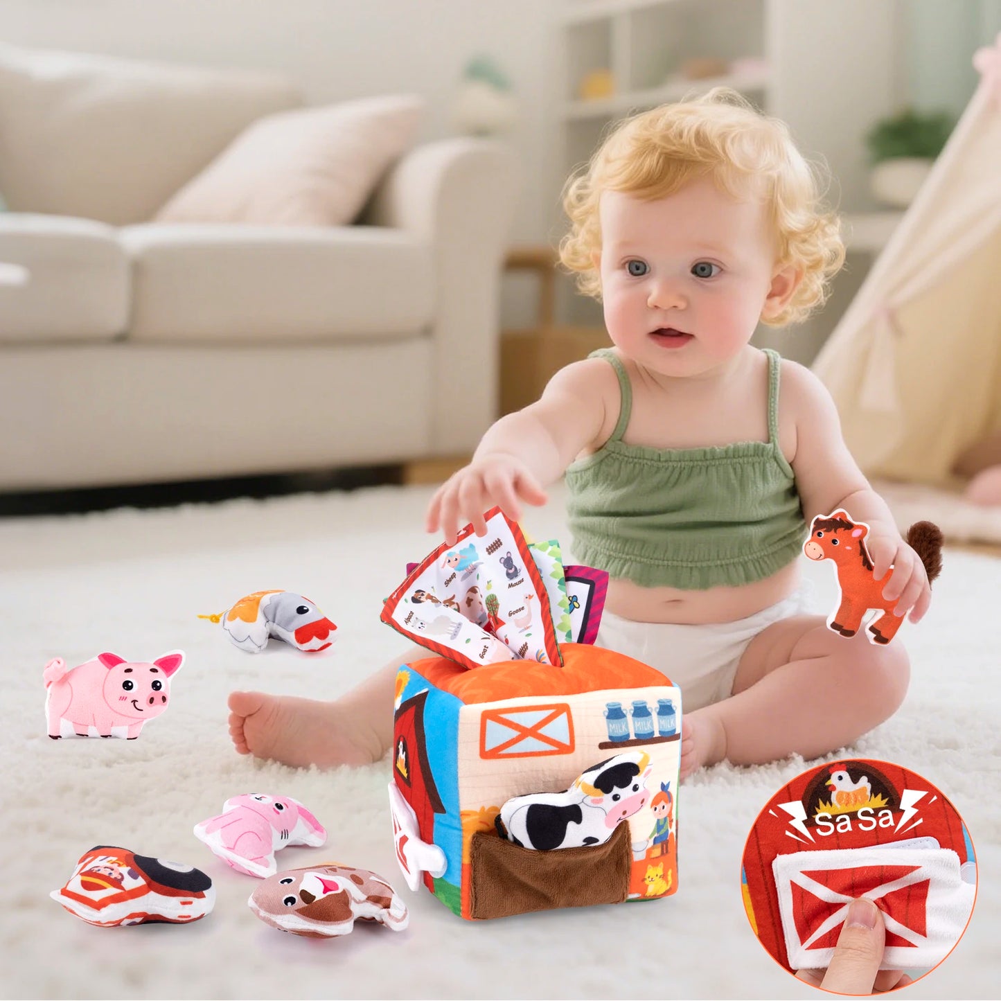 Boîte à mouchoirs en peluche douce pour bébé, avec son, ensemble de maison d'animaux de ferme simulés, jouets Montessori, jouets de Cognition sensorielle pour tout-petits