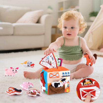 Boîte à mouchoirs en peluche douce pour bébé, avec son, ensemble de maison d'animaux de ferme simulés, jouets Montessori, jouets de Cognition sensorielle pour tout-petits