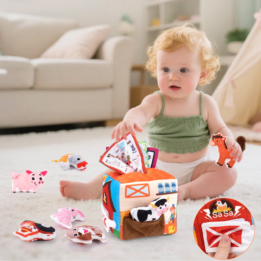 Boîte à mouchoirs en peluche douce pour bébé, avec son, ensemble de maison d'animaux de ferme simulés, jouets Montessori, jouets de Cognition sensorielle pour tout-petits