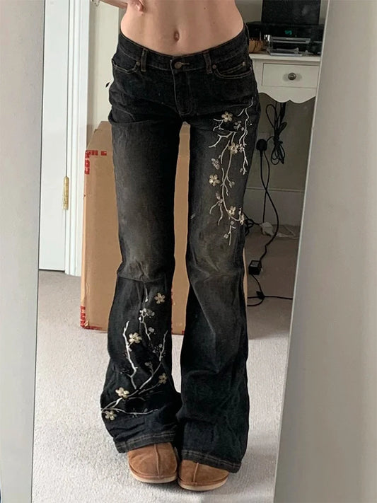 Jean Vintage brodé de fleurs Y2k années 2000, jean évasé taille basse, Baggy d'été pour femmes, mode Streetwear, pantalon en Denim